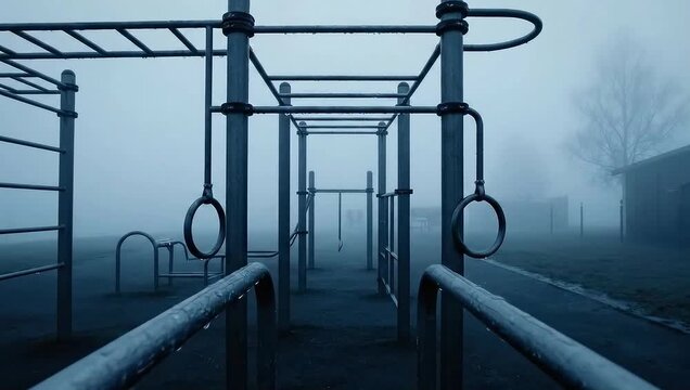 A mysterious outdoor gym, shrouded in fog, evokes a sense of solitude and anticipation