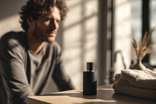 Sleek black cologne bottle on bathroom counter with folded towels, sunlight and a contemplative man in soft focus &mdash; modern men's grooming scene