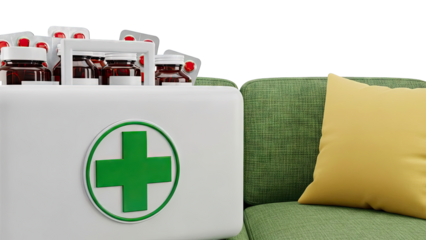 First Aid Kit and Medications on a Green Sofa with Yellow Pillow