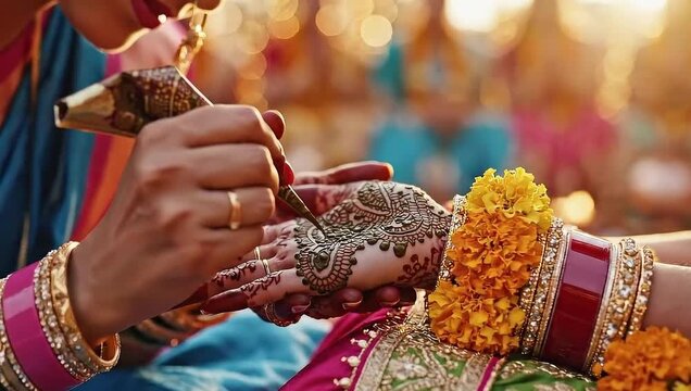 An artistic hand of drawing henna on a bride's hand, decorated with jewelry