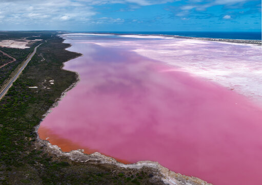 Pink lake in Western Australia aerial