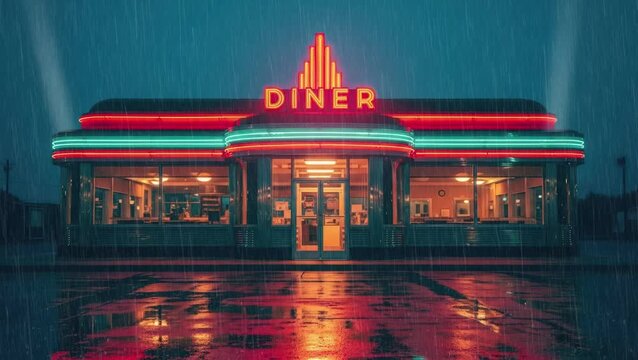loop video background inspired by 80s dark aesthetics,  Neon diner sign at night in heavy rain with reflections on wet pavement. ambience videos, looping visuals, gaming livestreams