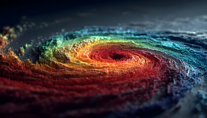 Colorful spiral weather map visualizes hurricane path with red core. Storm intensity shown by rainbow spectrum over dark ocean surface. Meteorological data predicts severe weather system.