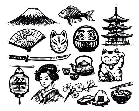 Hand drawn line art Japanese symbols set featuring Mount Fuji, geisha, maneki-neko, and pagoda for cultural design projects