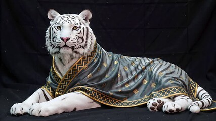 detailed white tiger statue in dark robe, exquisite craftsmanship | culture, decoration, art, mascot, gift theme