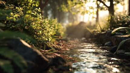 Tranquil brook meandering through a sun-dappled verdant woodland scene