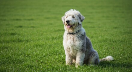 A fluffy, medium-sized dog sits happily on a vibrant green lawn, looking off to the side