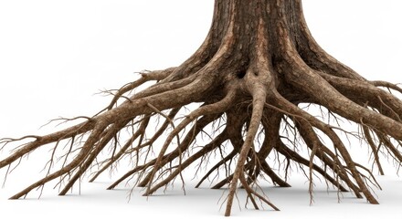A detailed view of tree roots spread out against a plain white background