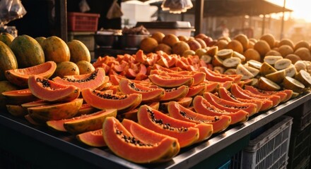A fruit stand displays a variety of ripe, colorful produce under warm sunlight