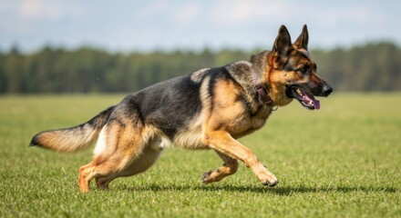 A German Shepherd dog gracefully runs across a bright green grassy field