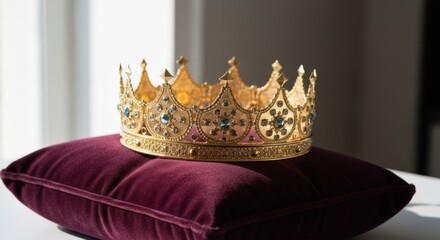 A gold crown with blue jewels rests atop a rich, velvet red pillow. Natural light