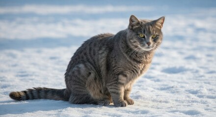 A gray tabby cat sits alertly in a snowy landscape, bathed in soft winter light