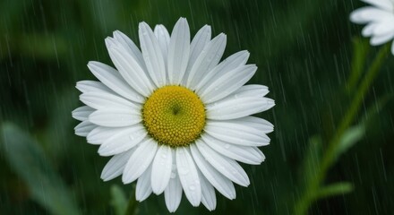 A close-up of a daisy flower with white petals and a yellow center, rain falling around