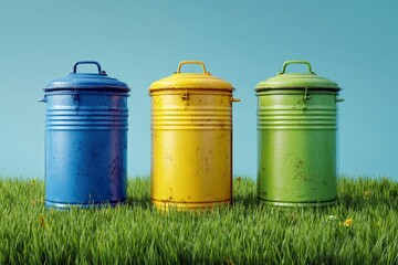 Three distinctively colored metal refuse containers, vibrant in blue, yellow, and green, stand neatly aligned in a verdant expanse of lush green grass under a clear, bright blue sky. The rustic textur