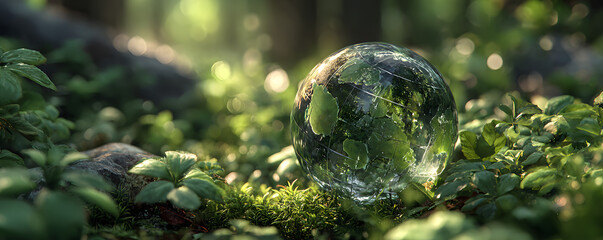 Earth globe rests among fresh green leaves, on blurred natural background. Eco awareness, eco friendly solutions. Concept shows eco responsibility, healthy environment, nature conservation, saving