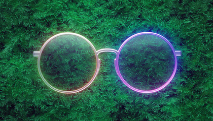 Vibrant Neon Round Glasses Resting on Green Grass.