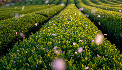 Lush Green Tea Field Rows Under Bright Sunny Sky.