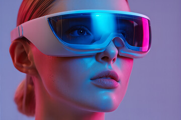 Futuristic woman wearing a sleek augmented reality visor in neon lighting — immersive virtual reality headset portrait conveying innovation and tech style