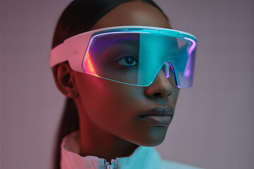 Futuristic portrait of a woman wearing iridescent smart glasses with neon reflections - sleek wearable tech and cyberpunk-inspired fashion close-up
