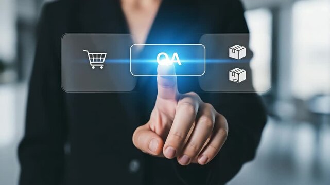 A person's hand touching a QA interface, showcasing the concepts of testing and technology.