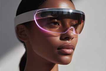 Close-up of a confident woman wearing futuristic augmented reality smartglasses with glowing neon visor — sleek wearable tech, modern design.