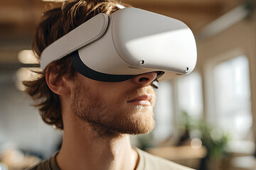Young man immersed in a virtual reality headset in a bright modern workspace — immersive VR experience conveying innovation, focus and digital future