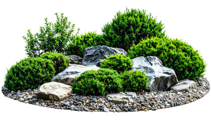 A vibrant garden bed featuring rocks, verdant shrubs, and pebbles