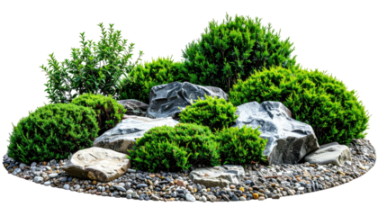 A vibrant garden bed featuring rocks, verdant shrubs, and pebbles