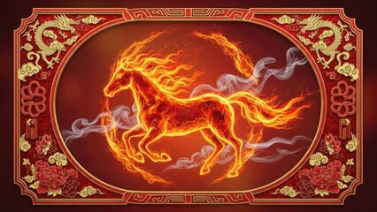 Dynamic fiery horse illustration with elegant traditional Asian-inspired ornate frame, symbolizing strength, prosperity, and vibrant energy in a rich cultural artistic display