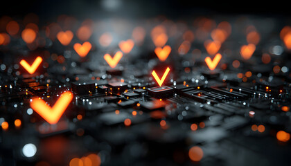 Abstract digital network with glowing check marks confirming system access and security. Futuristic concept of data verification and cyber protection.