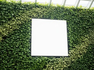 Blank white sign framed by a vibrant green living wall, ready for your custom message