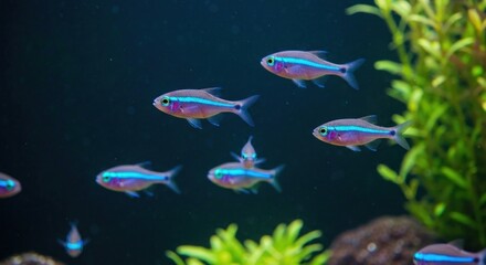 A group of vibrant neon-striped fish swim through a dark aquarium, near green plants