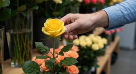 A hand delicately picks a yellow rose from a bouquet, surrounded by others in a shop