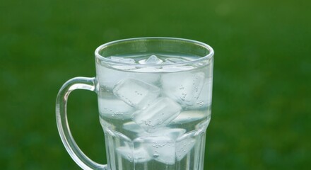 A handle-held glass mug brimming with ice cubes in clear liquid against a blurry green backdrop