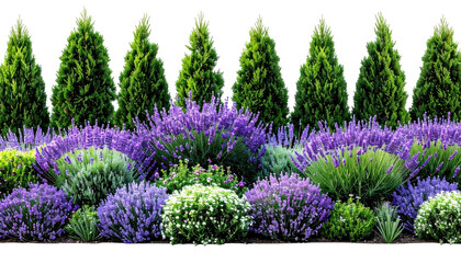 A vibrant garden bed, lush with lavender, greenery, and conical trees
