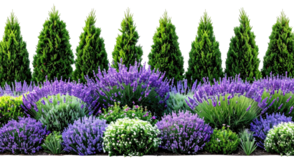 A vibrant garden bed, lush with lavender, greenery, and conical trees