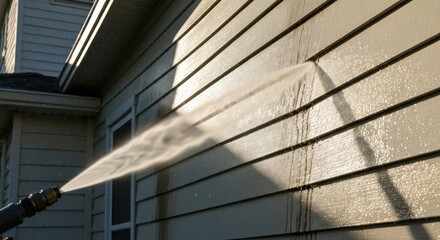 A jet of water blasts siding of a house, cleaning the surface. Close-up view