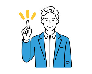 A smiling businessman in a blue suit pointing upwards with an idea