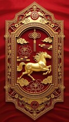 Fototapeta premium Golden Horse Emblem in Ornate Traditional Asian Frame, Symbolizing Prosperity, Strength, and Good Fortune, Adorned with Rich Cultural Motifs on a Luxurious Red Background