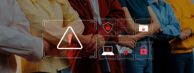 A diverse group of individuals poses confidently with arms crossed, highlighting themes of security and protection through icons and symbols related to modern life and technology. Trope