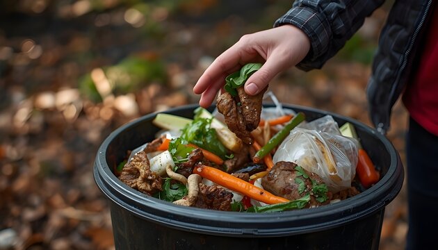 Food waste environment concept, people throwing food garbage into bin prepare to decompose