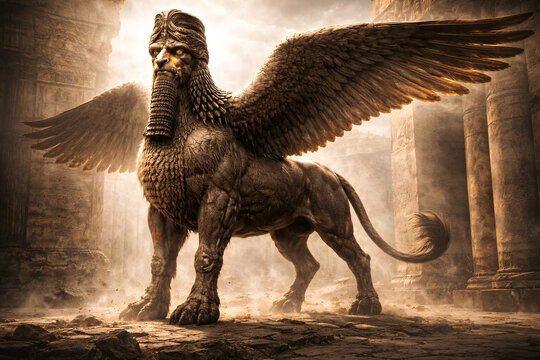 Ancient Lamassu Guardian in Mesopotamian Temple Ruins