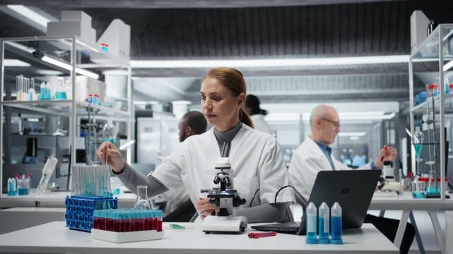 Scientist in lab pipetting blue liquid into test tube to analyze it. Laboratory worker transferring chemical sample to prepare for immediate spectroscopic analysis, camera A