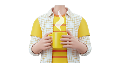 3D Character Holding a Steaming Yellow Mug