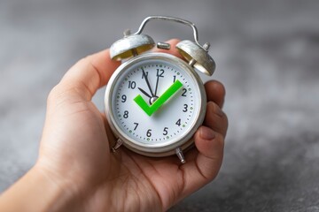 A human hand gently holds a classic silver alarm clock, its face prominently displaying a vibrant green checkmark in place of traditional hour and minute hands. This compelling image abstractly convey