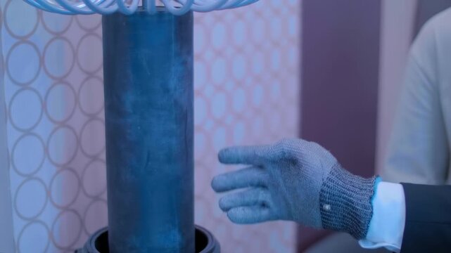 A lightning bolt emerges from a metal glove on a guy's hand and hits a Tesla coil. Closeup