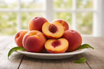 Fresh peaches on plate, showcasing their vibrant colors and juicy texture, evoke sense of summer delight and natural sweetness