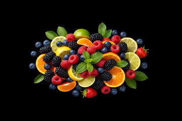 Fresh fruits including berries, citrus, and mint create vibrant and colorful arrangement, perfect for healthy eating and summer vibes