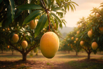 Ripe mango hangs from tree branch lush orchard, surrounded by green leaves and other mangoes. warm sunlight creates serene atmosphere