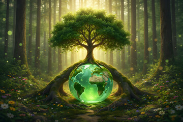 Majestic tree rises from vibrant globe, symbolizing harmony between nature and Earth. Sunlight filters through lush forest, creating serene